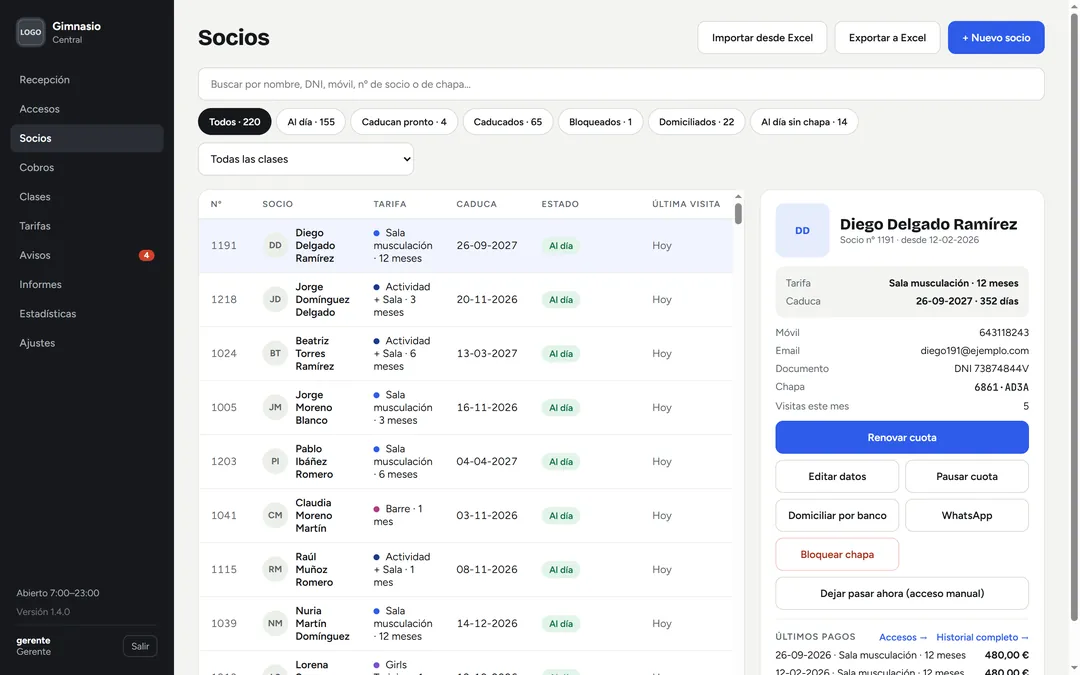 Lista de socios con buscador, filtros por estado y la ficha del socio seleccionado con sus acciones
