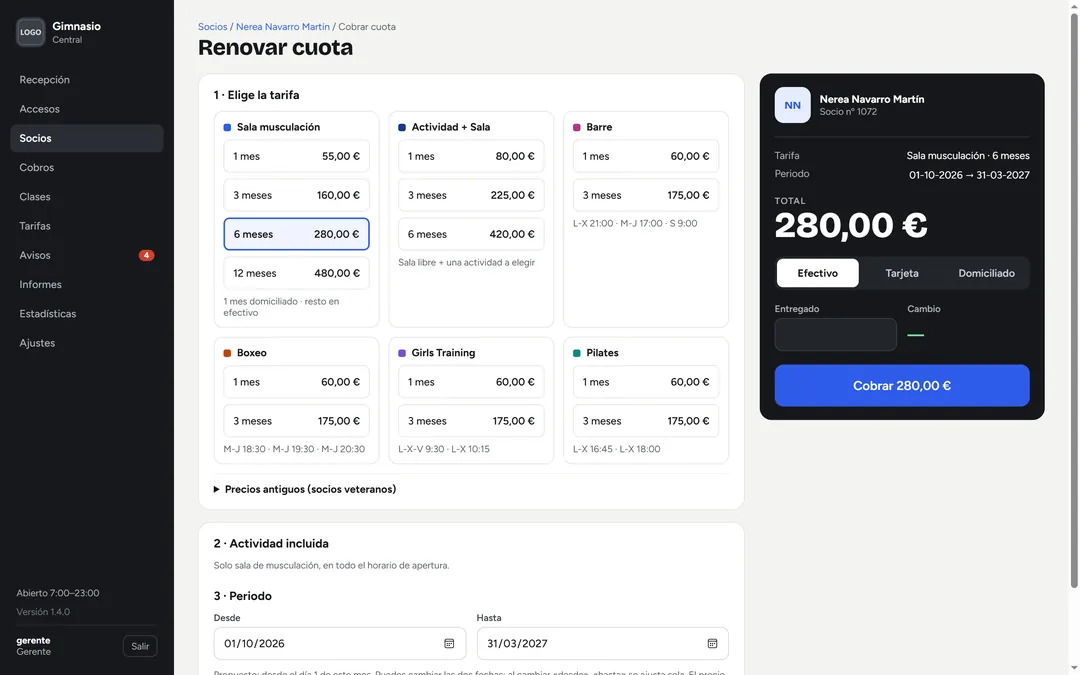 Pantalla para renovar la cuota: tarifas, periodo desde y hasta, forma de pago y total