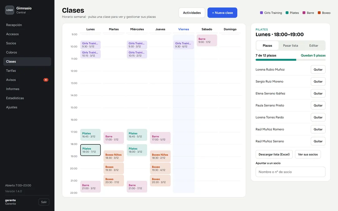 Horario semanal de clases por colores y una clase abierta con siete de doce plazas ocupadas y los nombres de los alumnos