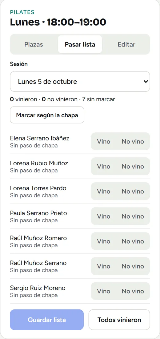 Pasar lista de una sesión: cada alumno con «Vino» o «No vino» y el botón «Marcar según la chapa»