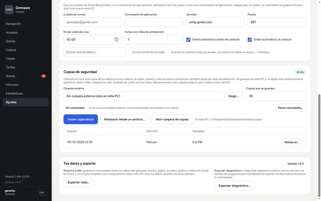 Ajustes de copias de seguridad: carpeta externa, contraseña, hacer copia, restaurar desde un archivo, exportar todo y exportar diagnóstico