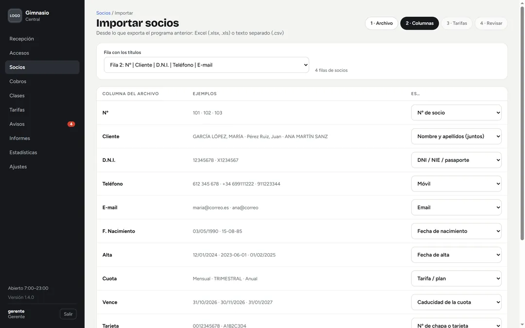 Importar socios: el programa ha reconocido cada columna de un listado (número, nombre, DNI, teléfono, email, fechas, plan)