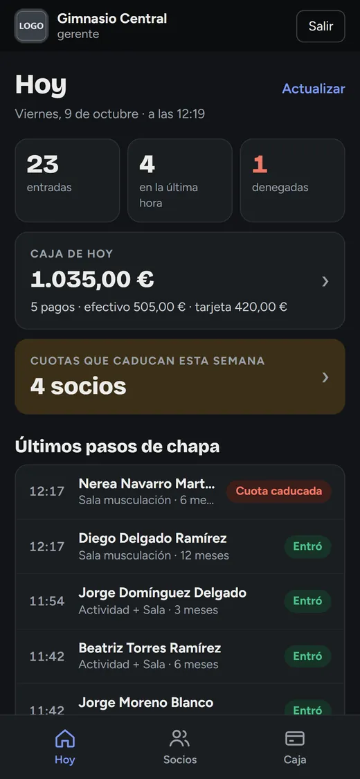 Móvil, pantalla Hoy: entradas, caja del día y cuotas que caducan esta semana