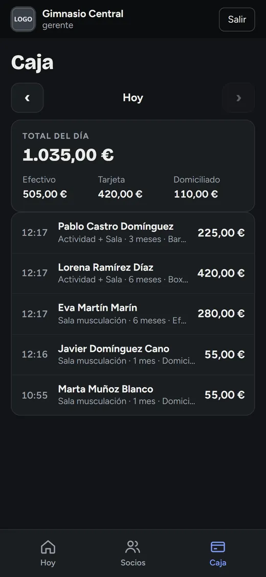 Móvil, caja del día con el total y cada cobro